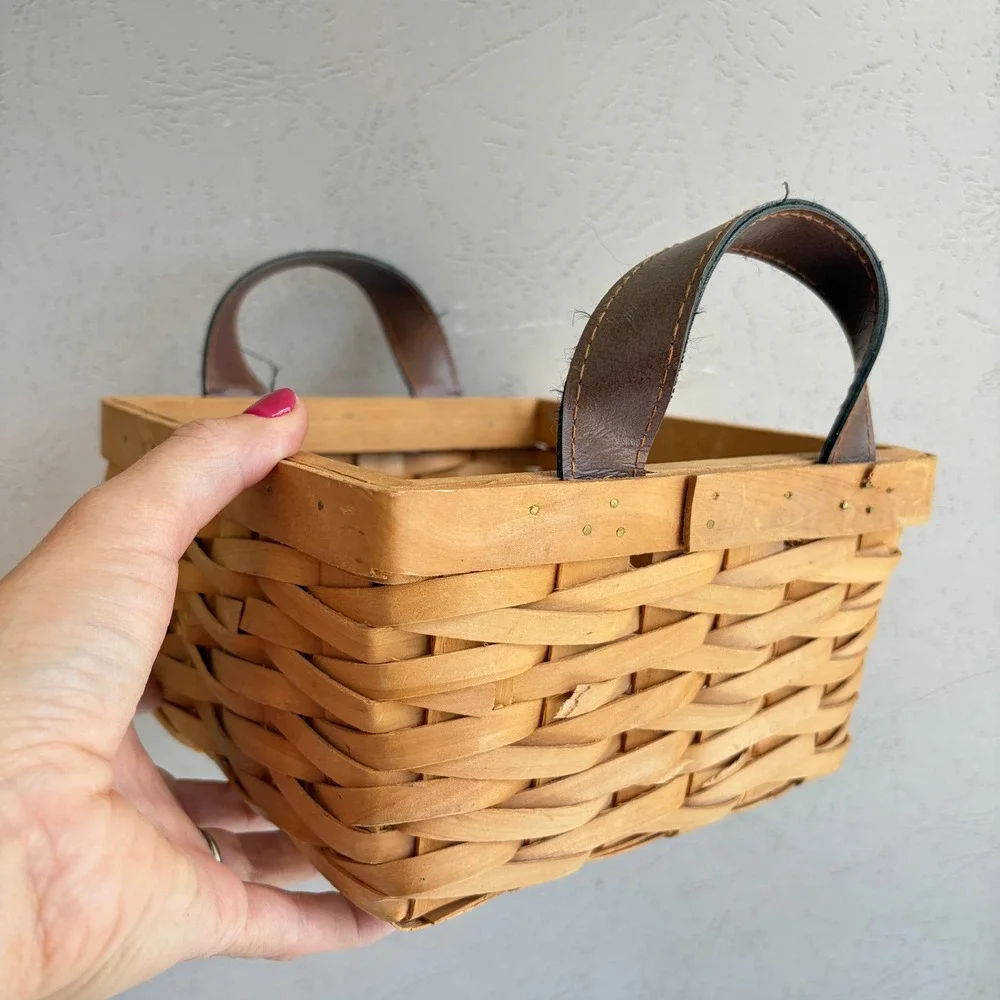 Vintage Woven Wood Square Basket with Brown Faux Leather Handles Farmhouse Decor